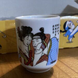 Japanese Shunga inspiredSake Shot Glasses Erotic Geisha Scenes Colorful 5 pc Set